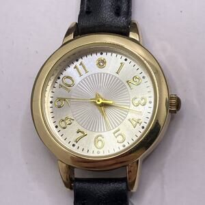 Womens Gold Tone Black Band Watch Works New Battery